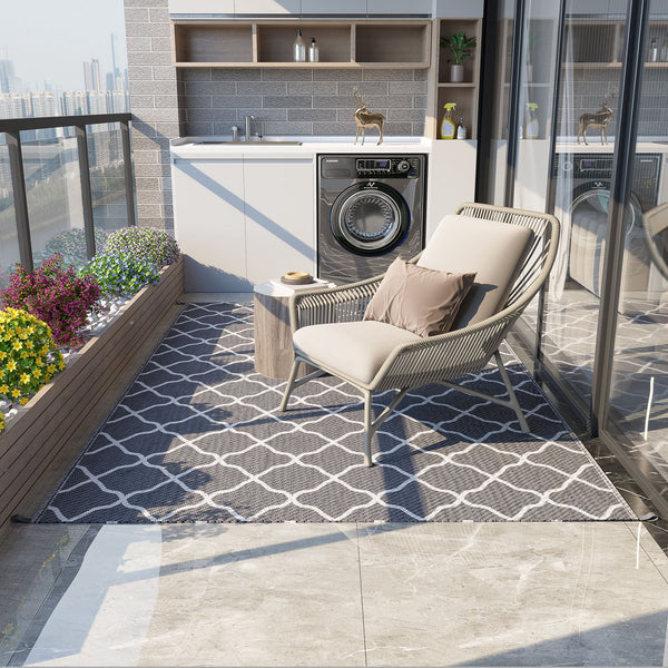 Waterproof Outdoor Rug, 1.8m x 2.7m, Reversible, for Campervan, Garden, Patio, Picnic, Beach, Camping, Grey and White Mesh