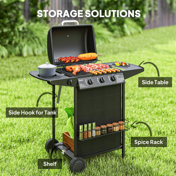 3-burner propane gas barbecue with side burner, thermometer, black
