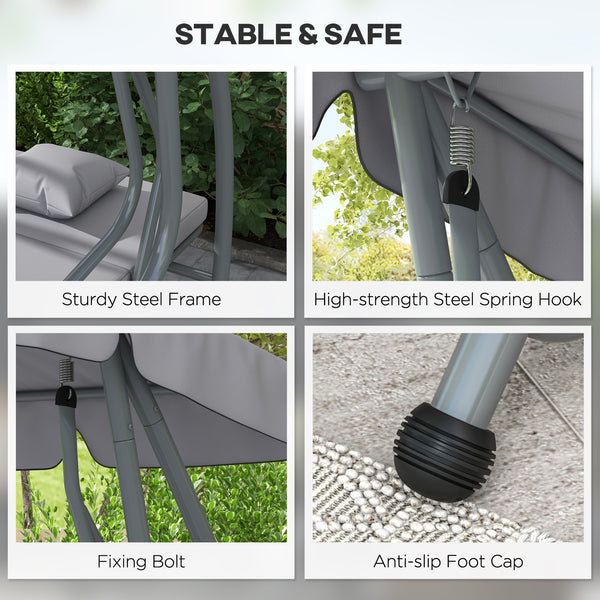 Outdoor 3-Seater Patio Swing Chair, Outdoor Swing Seat, with Adjustable Canopy and Two Pillows for Garden, Light Grey