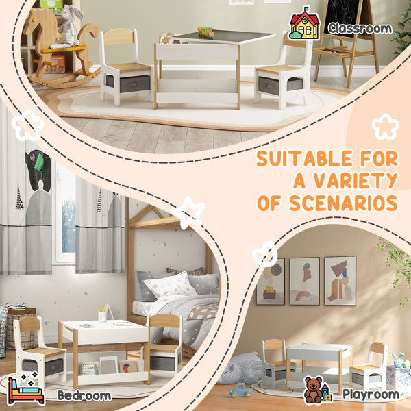 3-Piece Kids Table and Chair Set with Reversible Top and Chalkboard