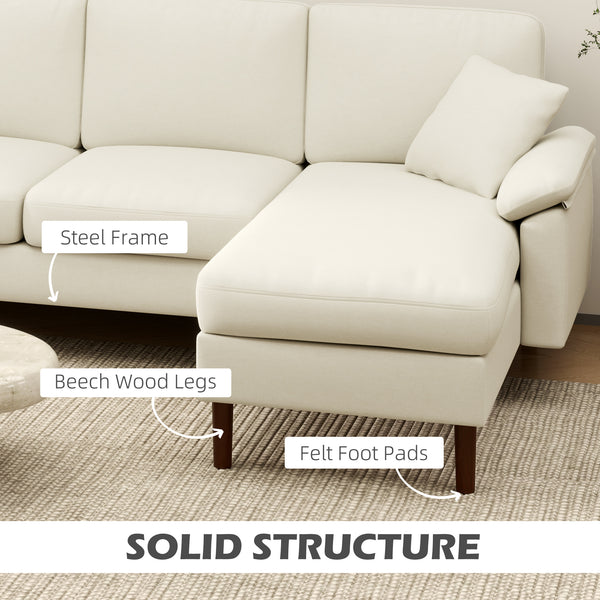 Modern L-shaped sectional sofa with removable chaise, cushions and wooden legs, cream white