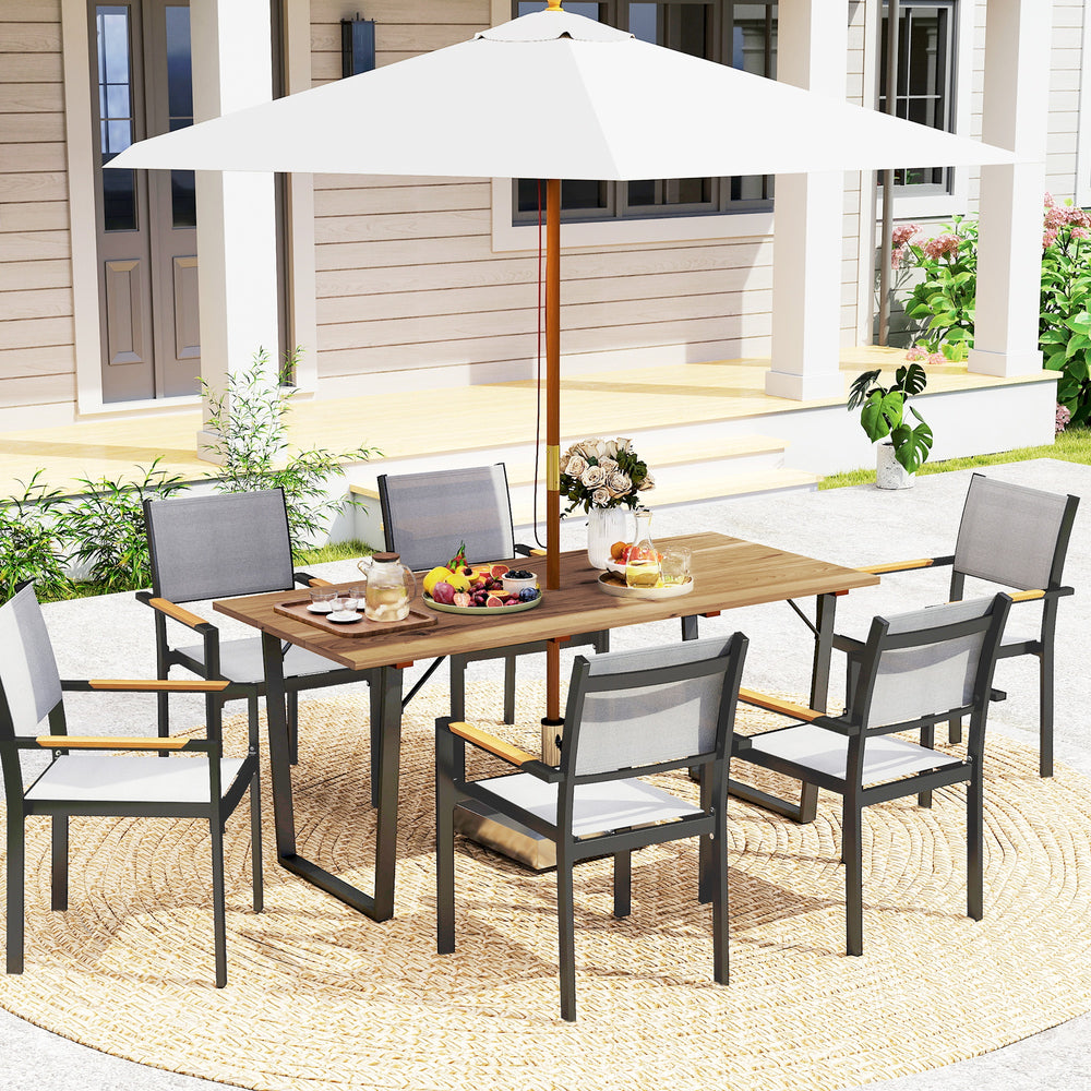 Wooden outdoor dining table with parasol hole