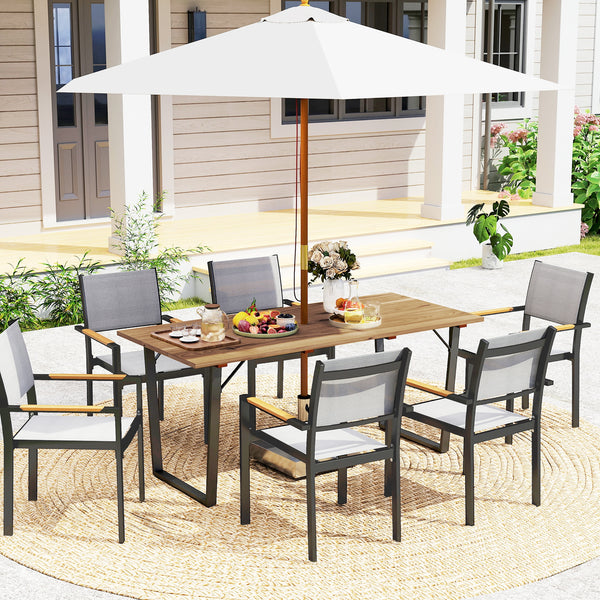 Wooden outdoor dining table with parasol hole