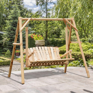 Freestanding 6.5' Wooden Loveseat Traditional Farmhouse Style Log Swing Natural Wood