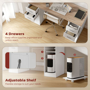 Desk with 4 reversible drawers and mobile PC stand, white