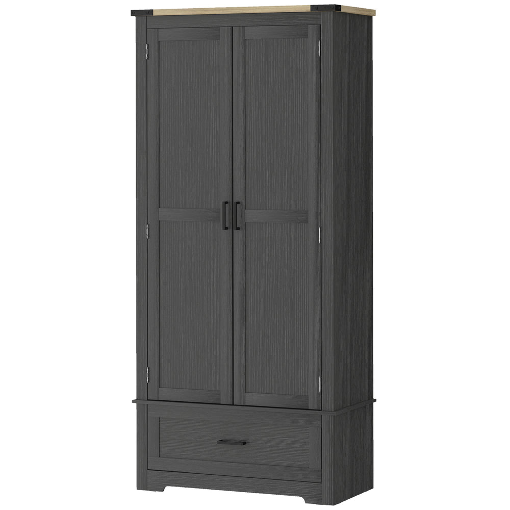 Farmhouse style kitchen cabinet with 2 doors, one drawer and adjustable shelves, black and brown