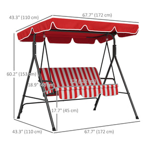 3-Seater Outdoor Porch Swing with Adjustable Canopy, Patio Swing Chair for Garden, Poolside, Backyard, Red