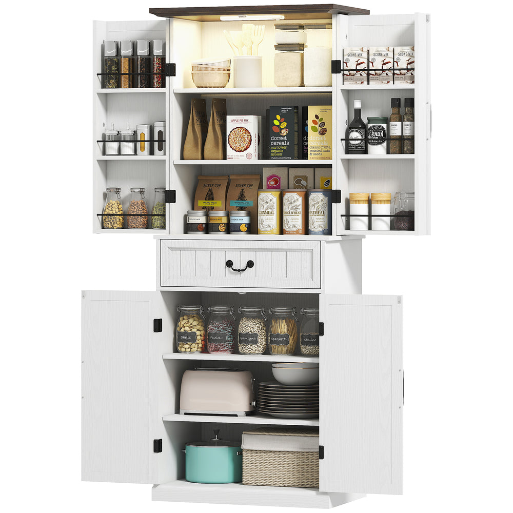 Country style storage unit with door shelves and LEDs, aged white