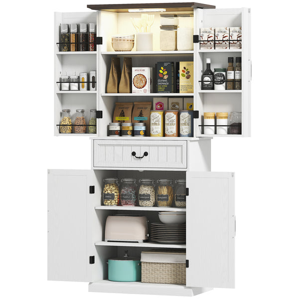 Country style storage unit with door shelves and LEDs, aged white