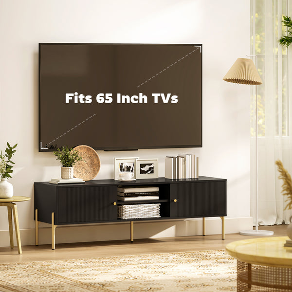 TV stand for TVs up to 65 inches, multimedia center with 2 open shelves, 2 cupboards and steel legs for living room, black