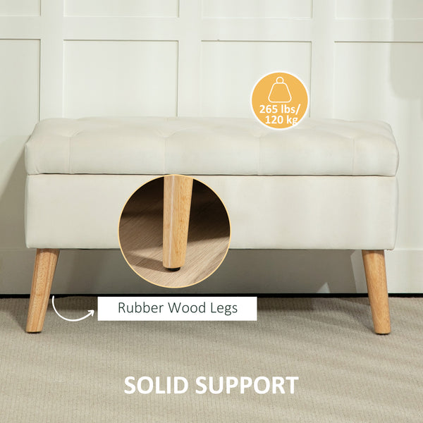 Storage ottoman with velvet upholstered lid and wooden legs, cream white