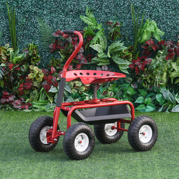 Red and black rolling trolley with swivel and adjustable seat