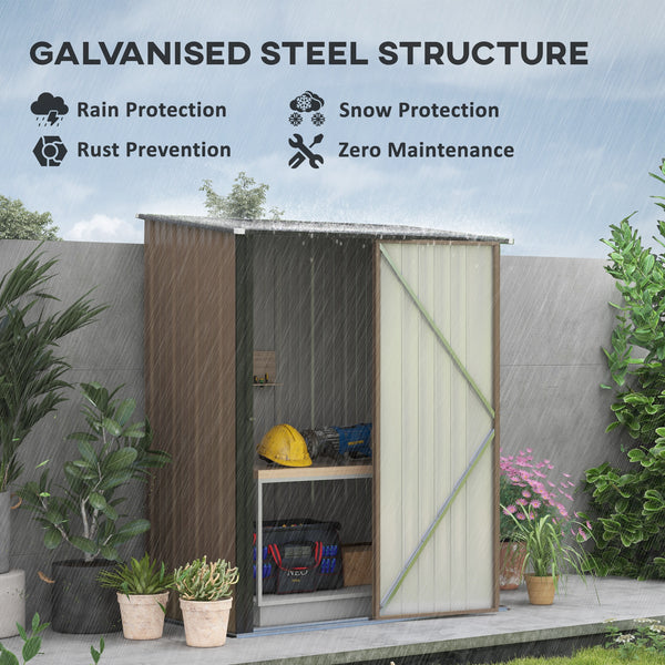 Steel garden shed with single lockable door, brown