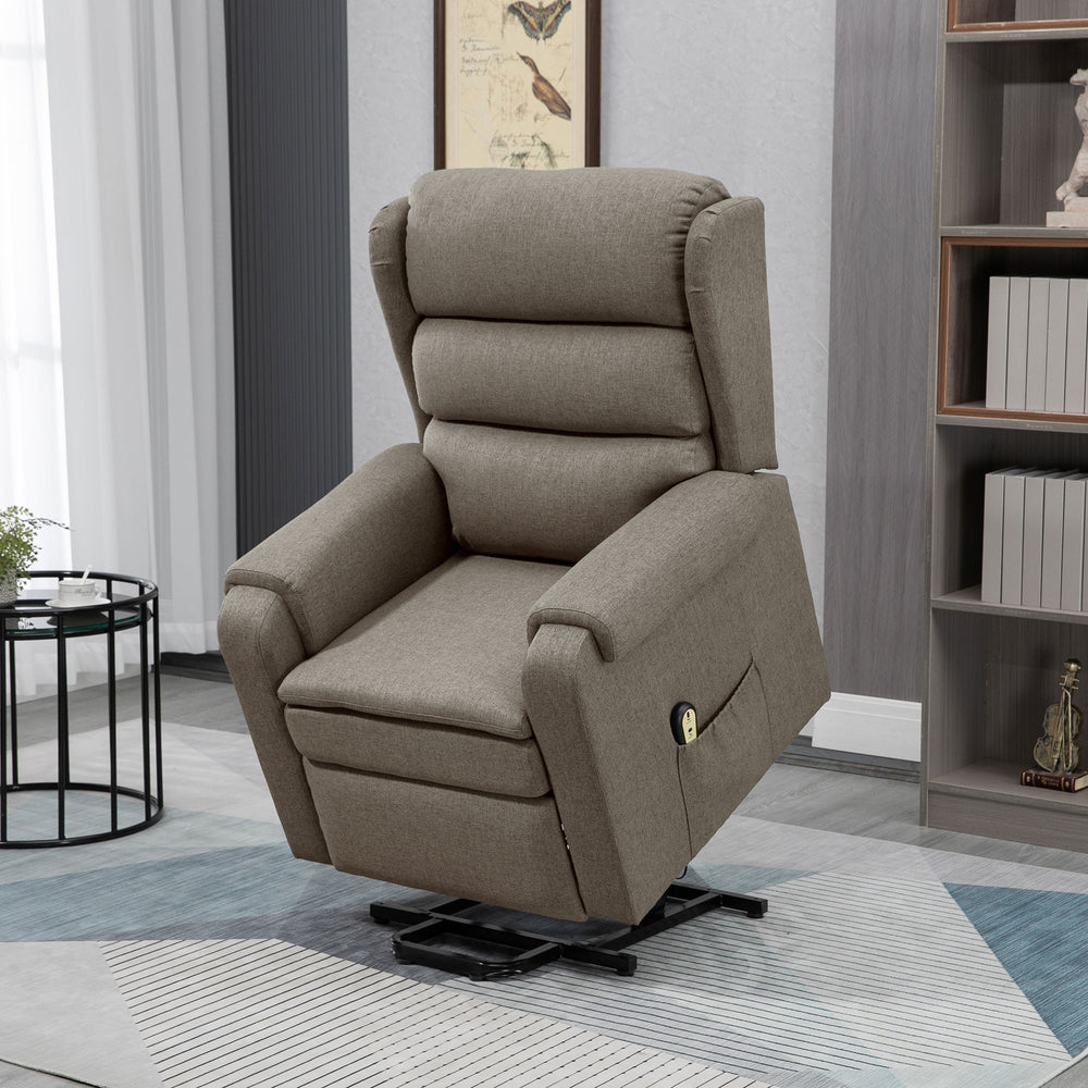 Lift chair for the elderly with footrest and side pockets, brown