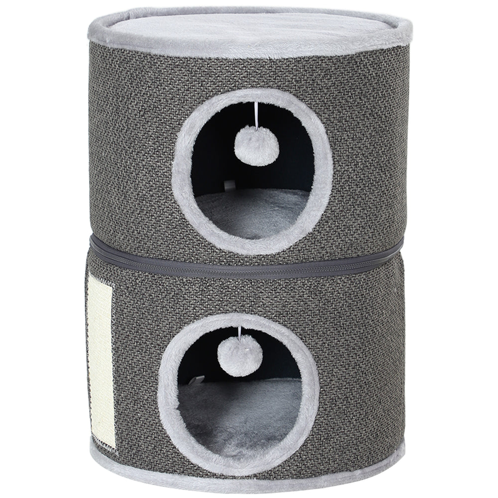 Two-story cat tree with perch, two hiding places, scratching post, cushions, play balls, dark gray
