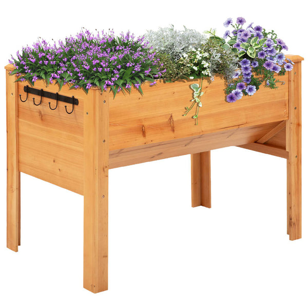 Tall outdoor planter with hooks, natural wood
