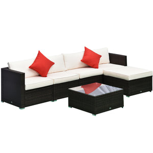 6 Piece Outdoor Rattan Sofa Set with Luxury Thick Cushions with Glass Table, Dark Coffee and Cream White
