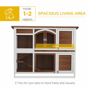 Two-tier wooden hutch with opening roof and pull-out tray