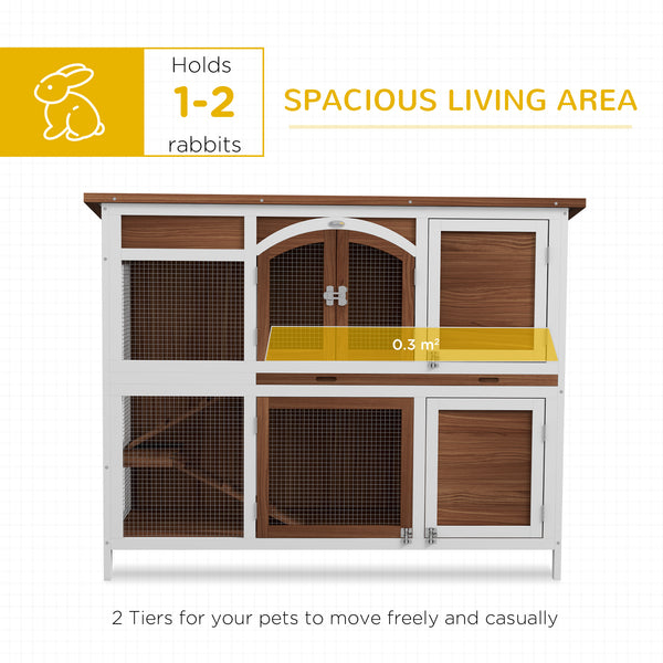 Two-tier wooden hutch with opening roof and pull-out tray