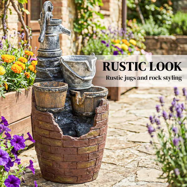 4-Tier Outdoor Fountain with Planter, Waterfall and LED Lighting, Rustic Brown and Grey.