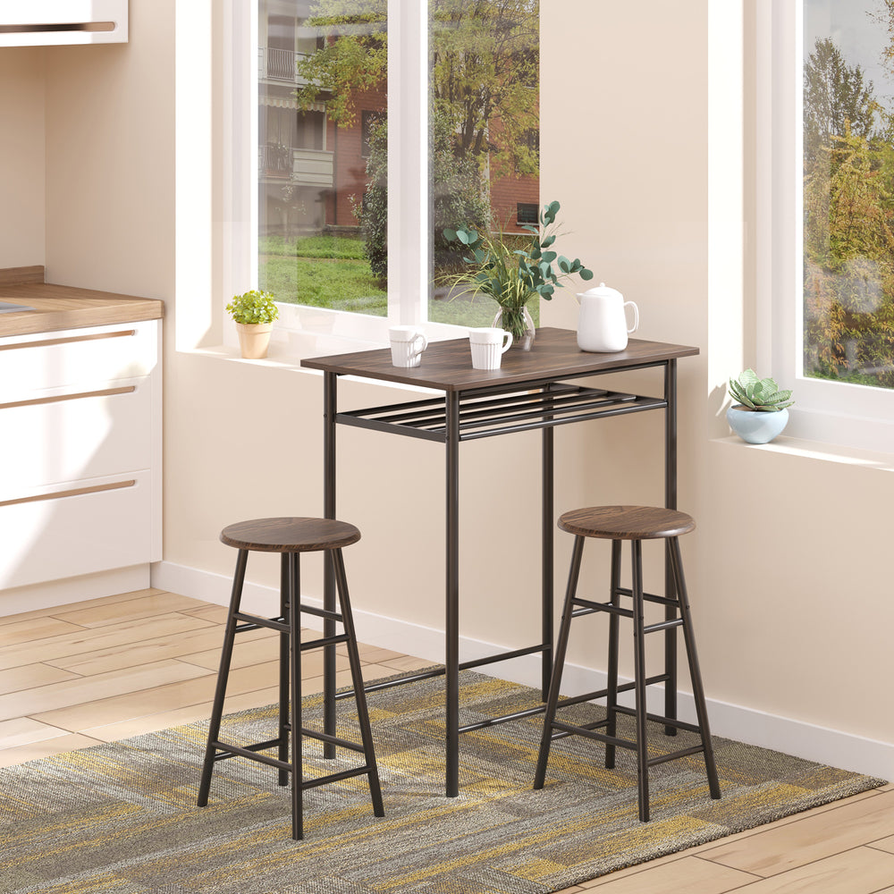 3-piece high table set including a storage shelf and a footrest in metal, black and oak. 