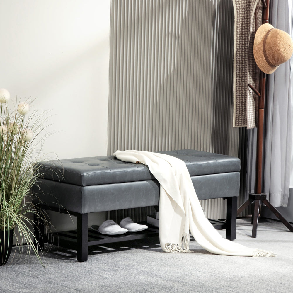 Upholstered Ottoman Shoe Bench in Faux Leather, Grey