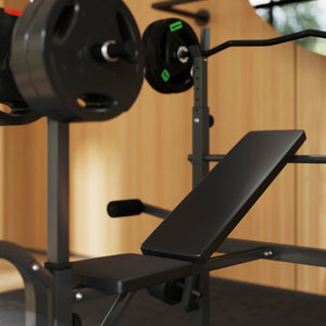 Adjustable weight bench with bench press and lat pulldown rack