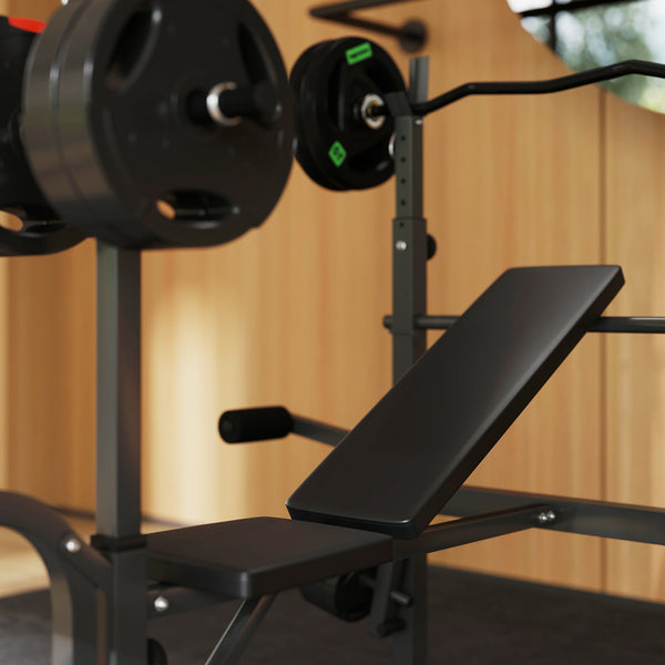 Adjustable weight bench with bench press and lat pulldown rack