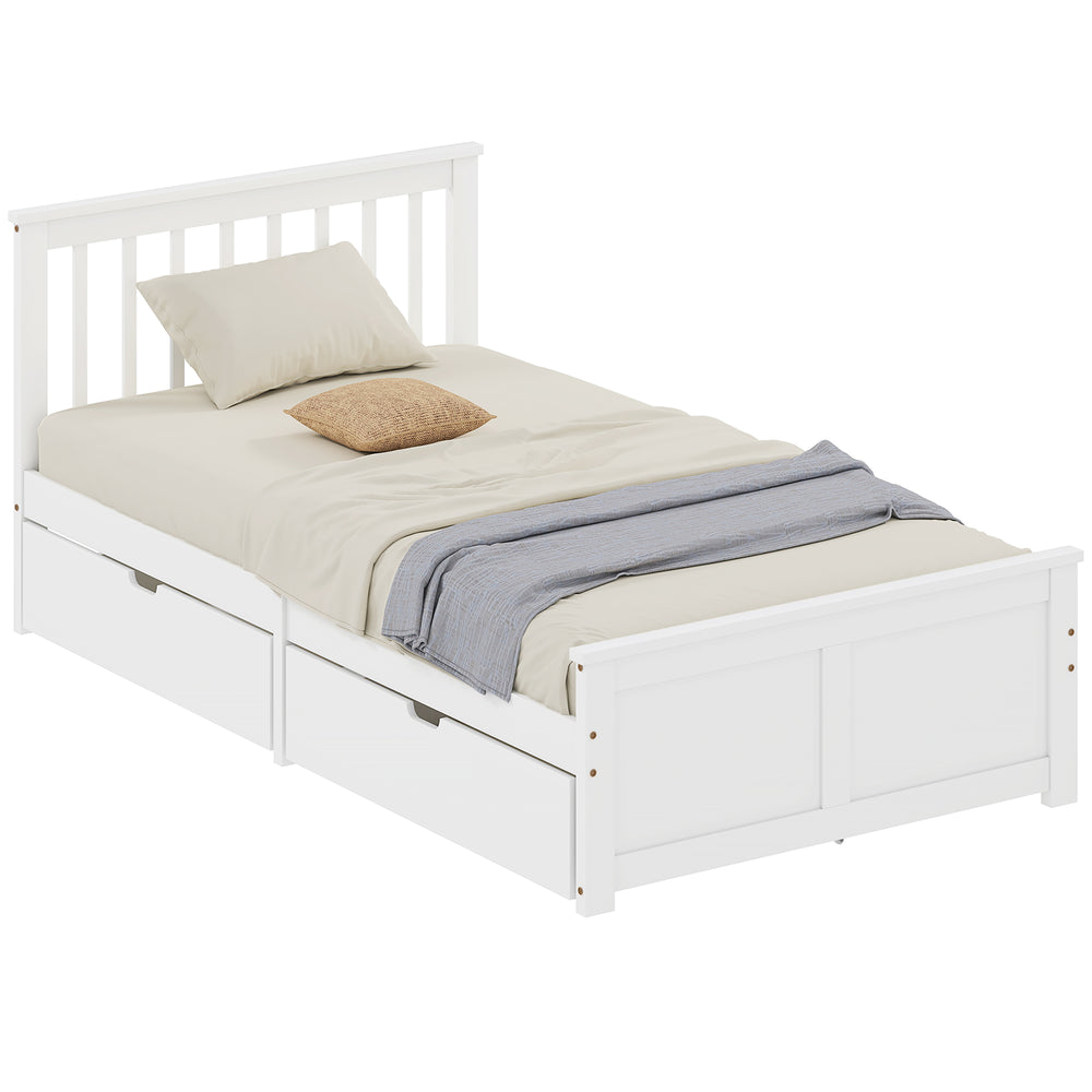 Pine Single Bed Frame with Storage and Drawers, White