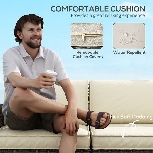 6 Piece Rattan Garden Furniture Set with Corner Sofa, Coffee Table, Wood and Plastic, Light Khaki