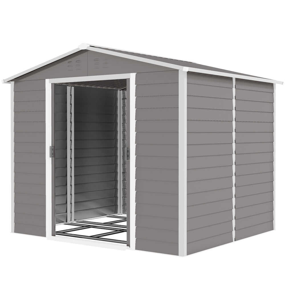 8' x 7' Upgraded Galvanized Metal Garden Shed with Locking Doors, Floor Frame, Light Gray