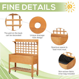Raised wooden planter with shelf and casters