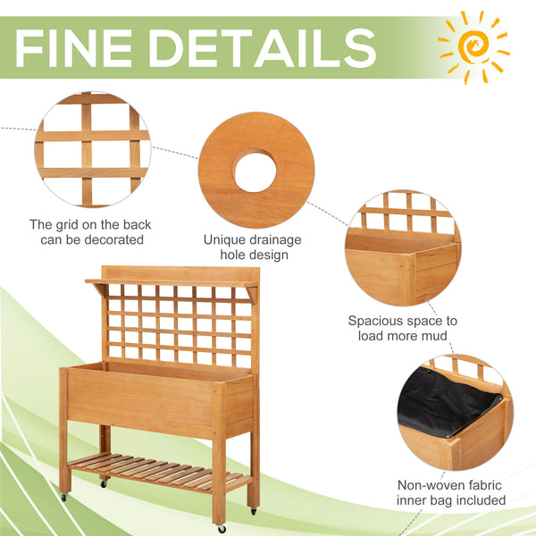 Raised wooden planter with shelf and casters