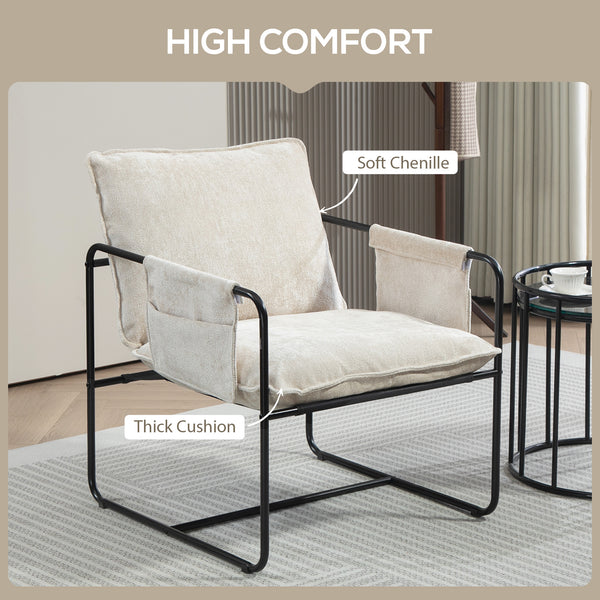 Armchair with side pockets and steel frame, beige
