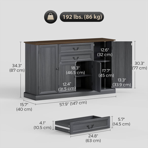 Farmhouse buffet with charging station and thick top with 2 soft-close drawers, gray/black