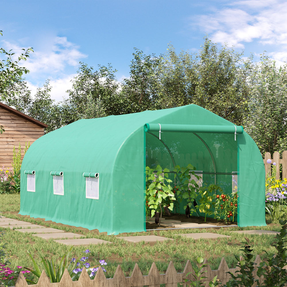 Garden tunnel greenhouse with roll-up door and 6 screened windows, steel frame, green