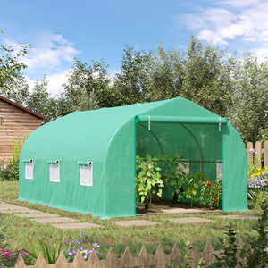 Garden tunnel greenhouse with roll-up door and 6 screened windows, steel frame, green