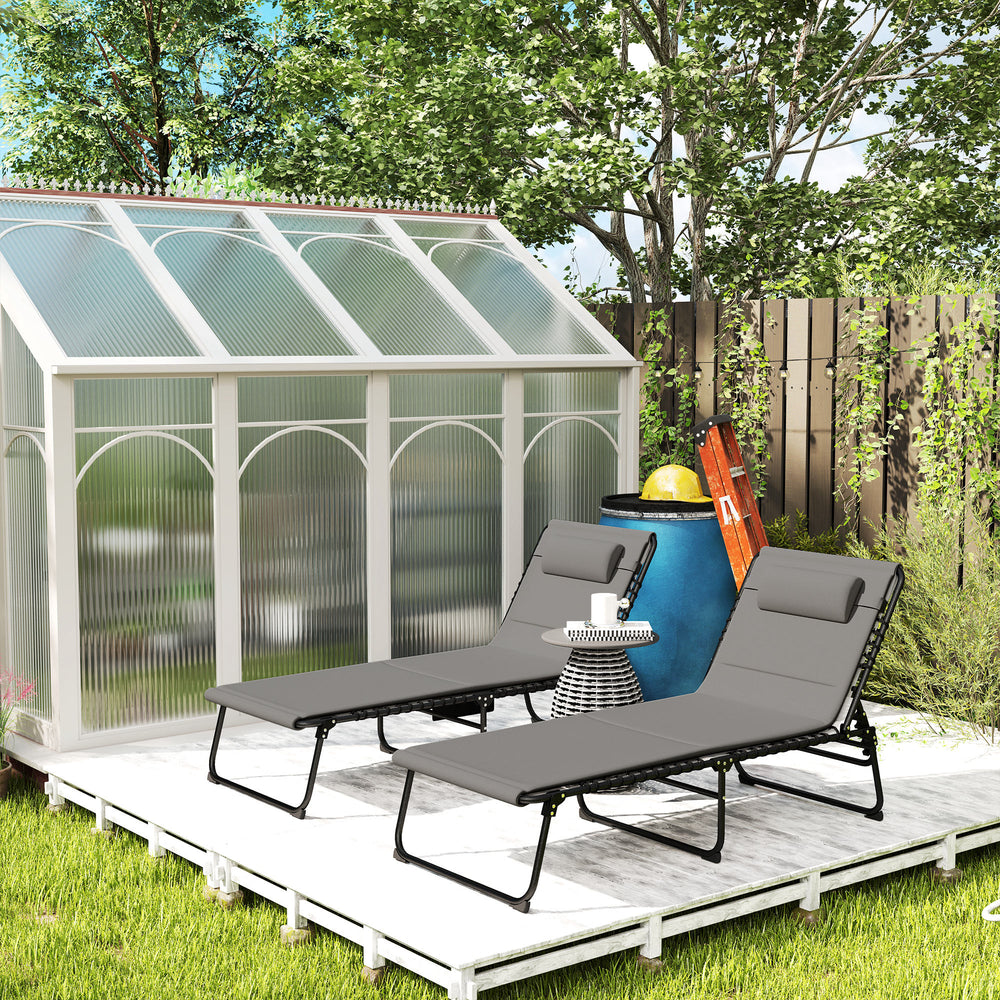 Set of 2 Folding Reclining Sun Loungers with Quick-Drying Cushion, Headrest and Side Pocket, Light Grey