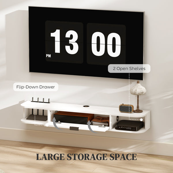 47" Floating Wall Mounted TV Stand with Drop-Down Drawer and 2 Open Shelves, White
