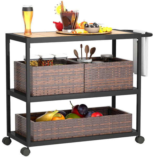 3-tier bar trolley with side handle and removable rattan basket