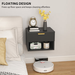 Set of 2 wall-mounted bedside tables with drawer and open shelf, black