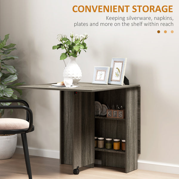 Folding collapsible table with 2-tier shelves and wheels, grey wood look