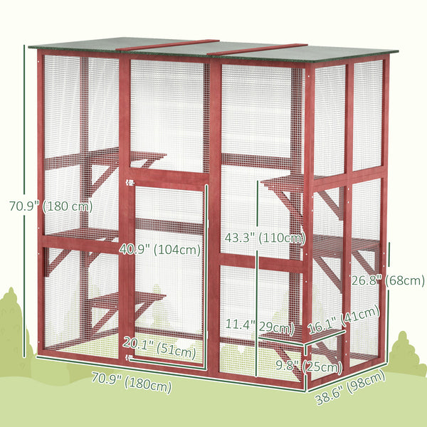 Wooden cat enclosure with 6 balanced platforms and asphalt roof, wine red