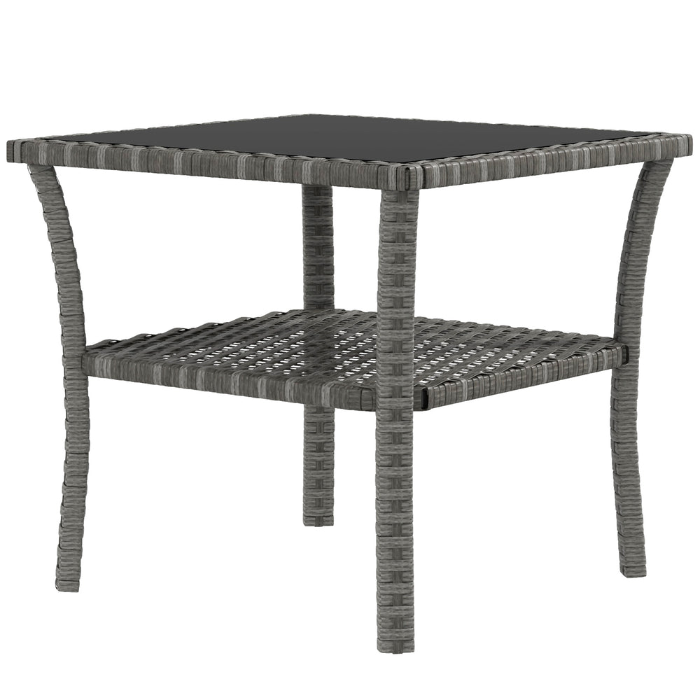 20" Patio Wicker Coffee Table, Outdoor PE Rattan Two-tier Side Table with Glass Top, for Patio, Garden, Balcony, Mixed Grey