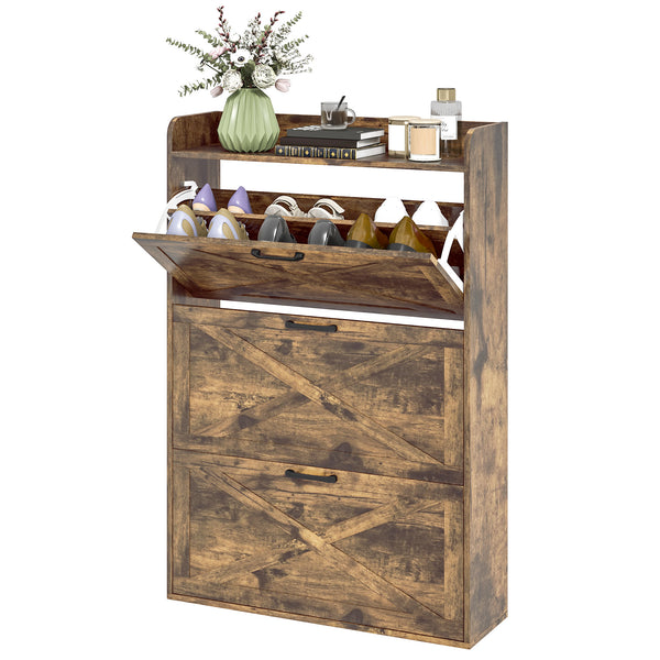 Farmhouse Style Shoe Cabinet with 3 Drop-Down Drawers and Adjustable Shelves, Rustic Brown