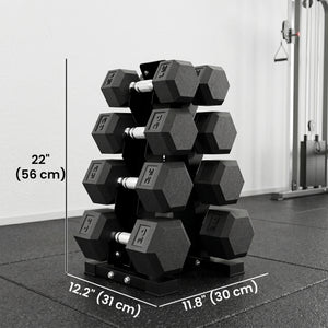Set of 8 hexagonal dumbbells from 15 to 30 lbs with vertical storage rack