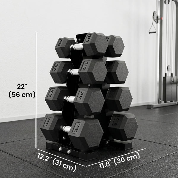 Set of 8 hexagonal dumbbells from 15 to 30 lbs with vertical storage rack