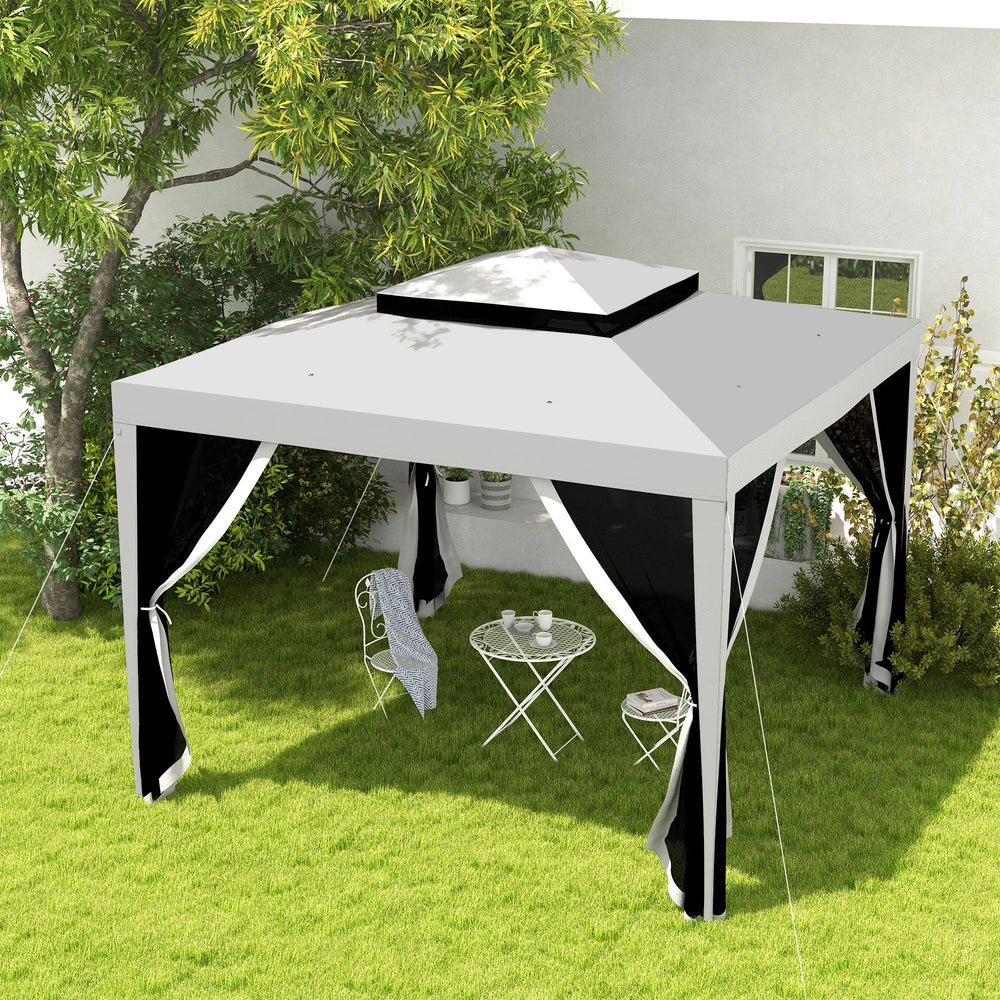 10' x 10' Outdoor Canopy Tent Party Tent with Mesh Netting and Double Tier Roof for Backyard, Garden, Patio, Grey