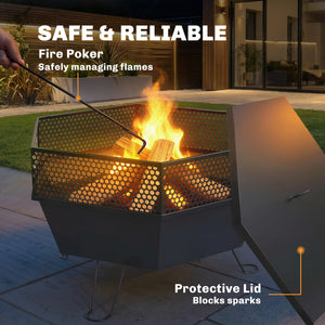 Outdoor Fire Pit 50 cm with Poker and Lid, Portable Fire Pit, Black