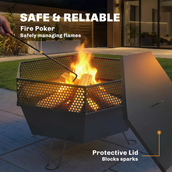 Outdoor Fire Pit 50 cm with Poker and Lid, Portable Fire Pit, Black